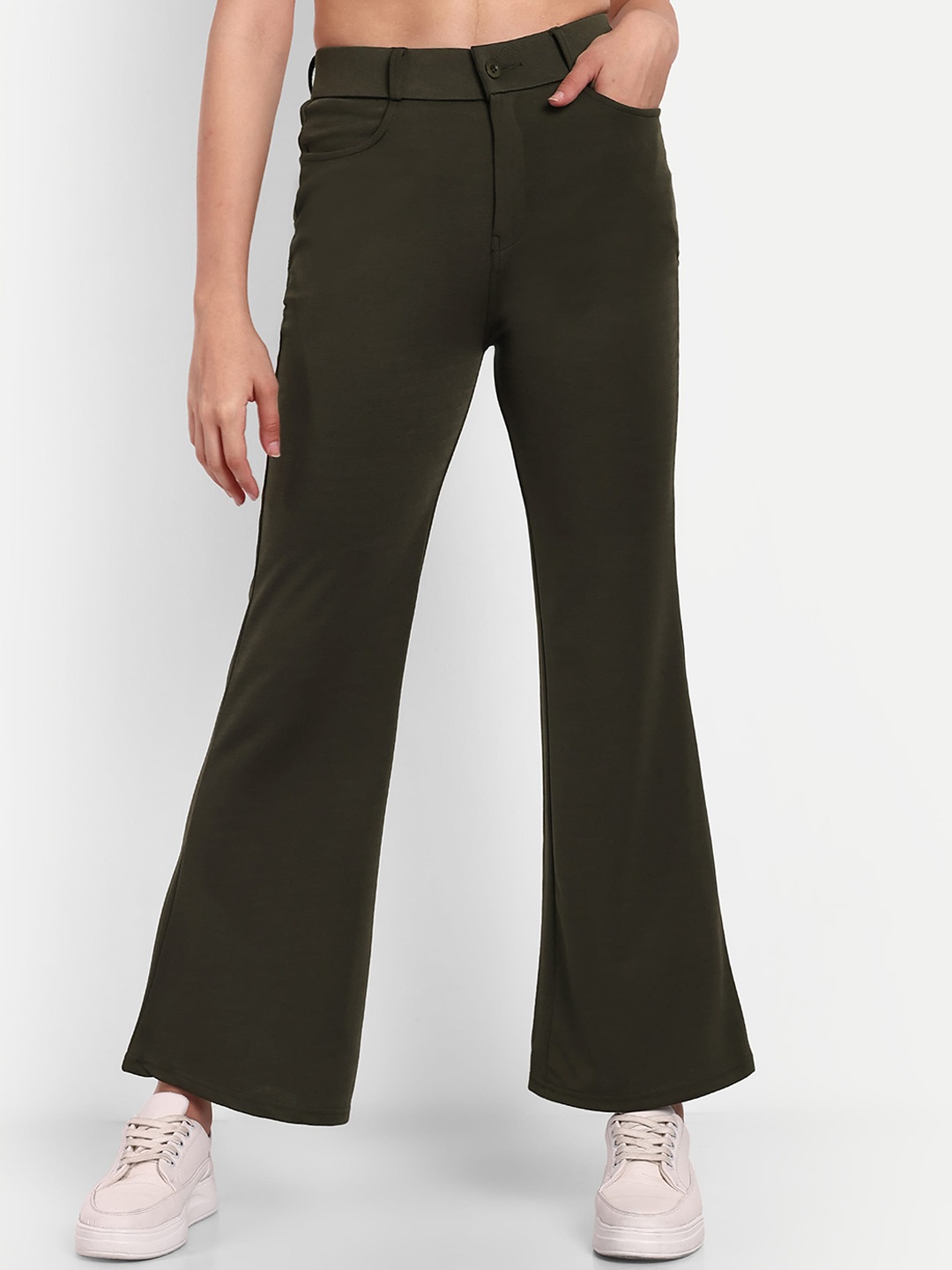 

BROADSTAR Women Smart Flared High-Rise Easy Wash Bootcut Trousers, Olive