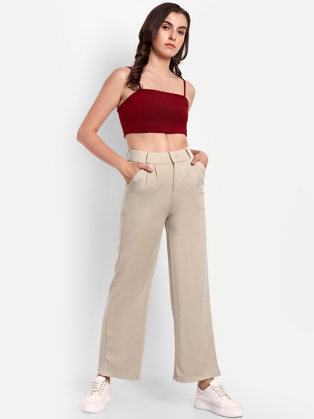 

BROADSTAR Women Pleated Korean Pants, Cream
