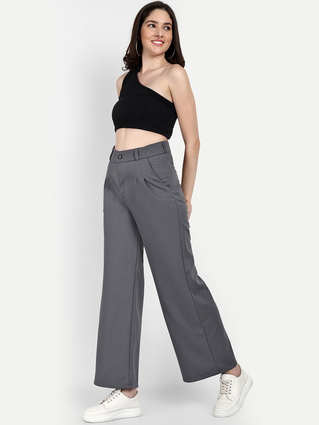 

BROADSTAR Women Smart Loose Fit High-Rise Easy Wash Stretchable Tailored Parallel Trousers, Grey