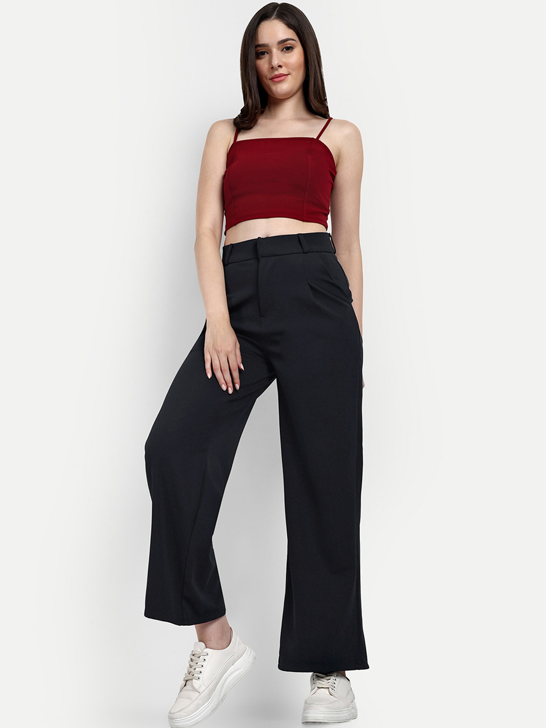 

BROADSTAR Women Smart Loose Fit High-Rise Easy Wash Wide Leg Stretchable Cotton Trousers, Navy blue