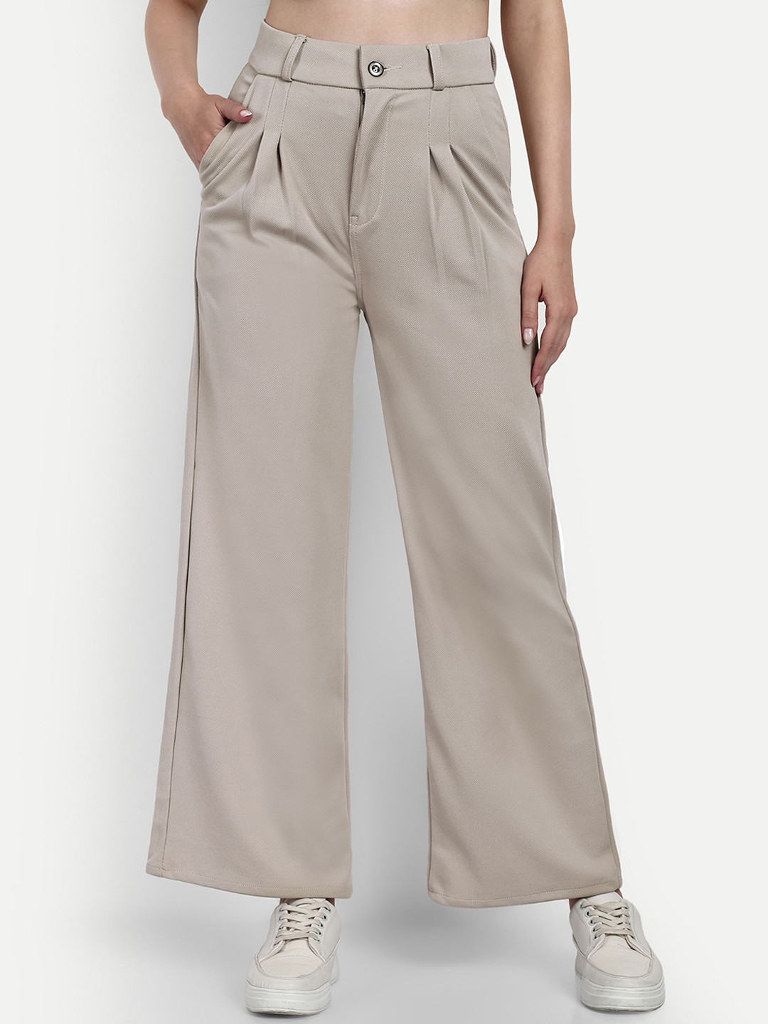 

BROADSTAR Women Smart Loose Fit High-Rise Easy Wash Cotton Pleated Trousers, Beige