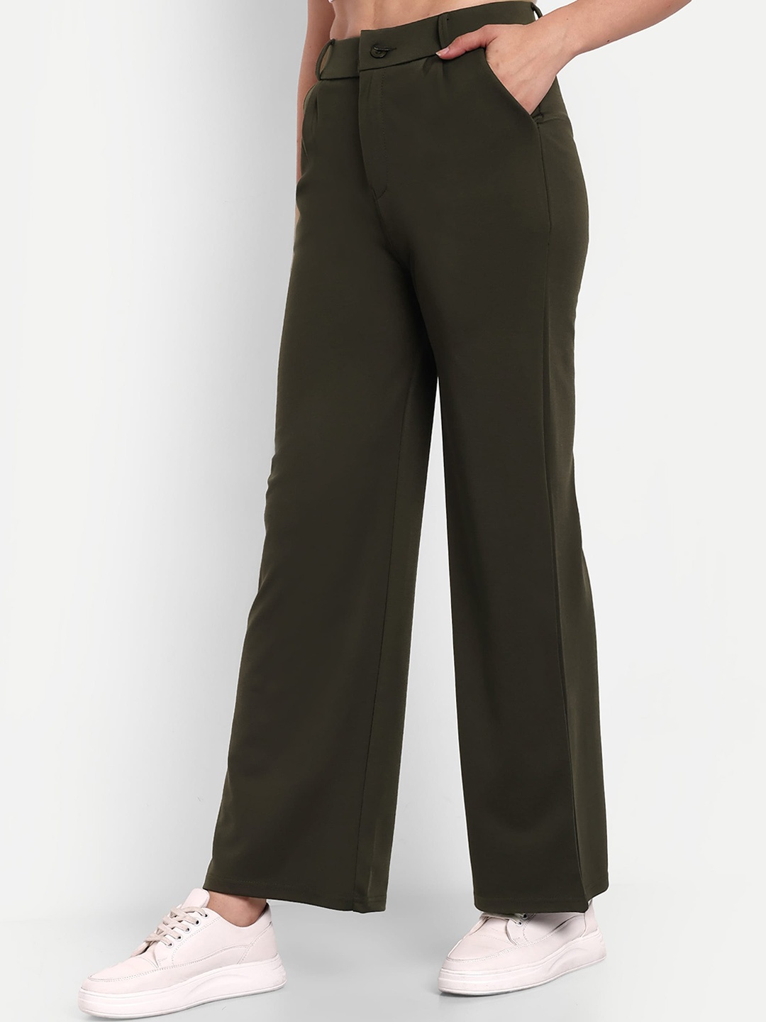 

BROADSTAR Women Smart Loose Fit High-Rise Easy Wash Cotton Parallel Trousers, Olive