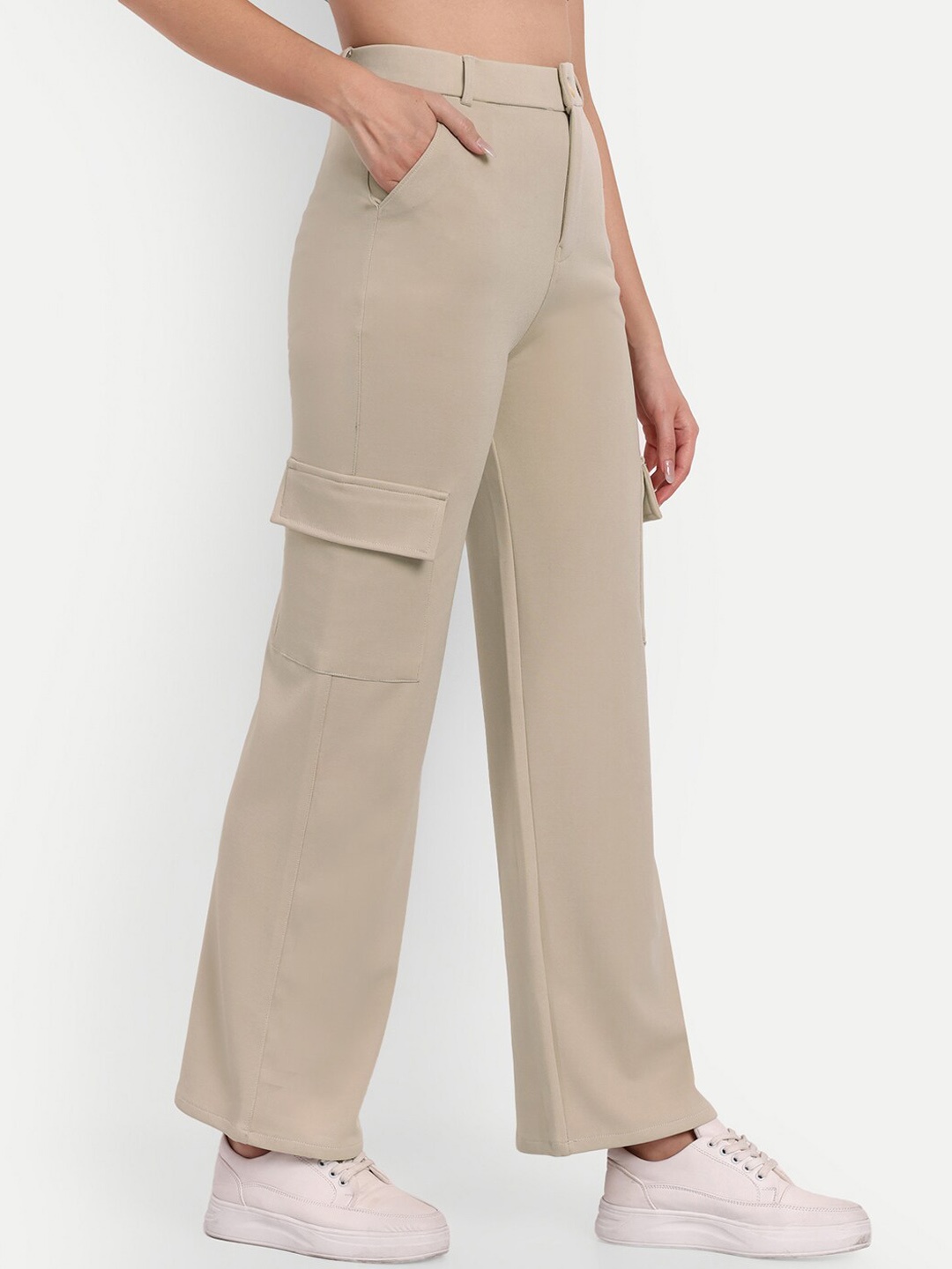 

BROADSTAR Women Smart Straight Fit High-Rise Easy Wash Cargos, Cream