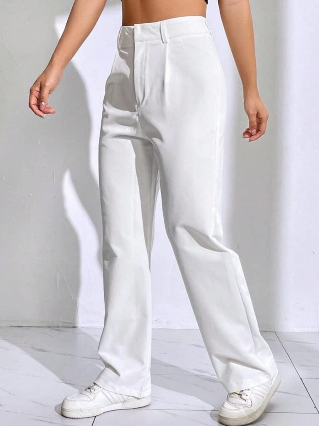 

BROADSTAR Women Smart Loose Fit High-Rise Easy Wash Cotton Parallel Trousers, White