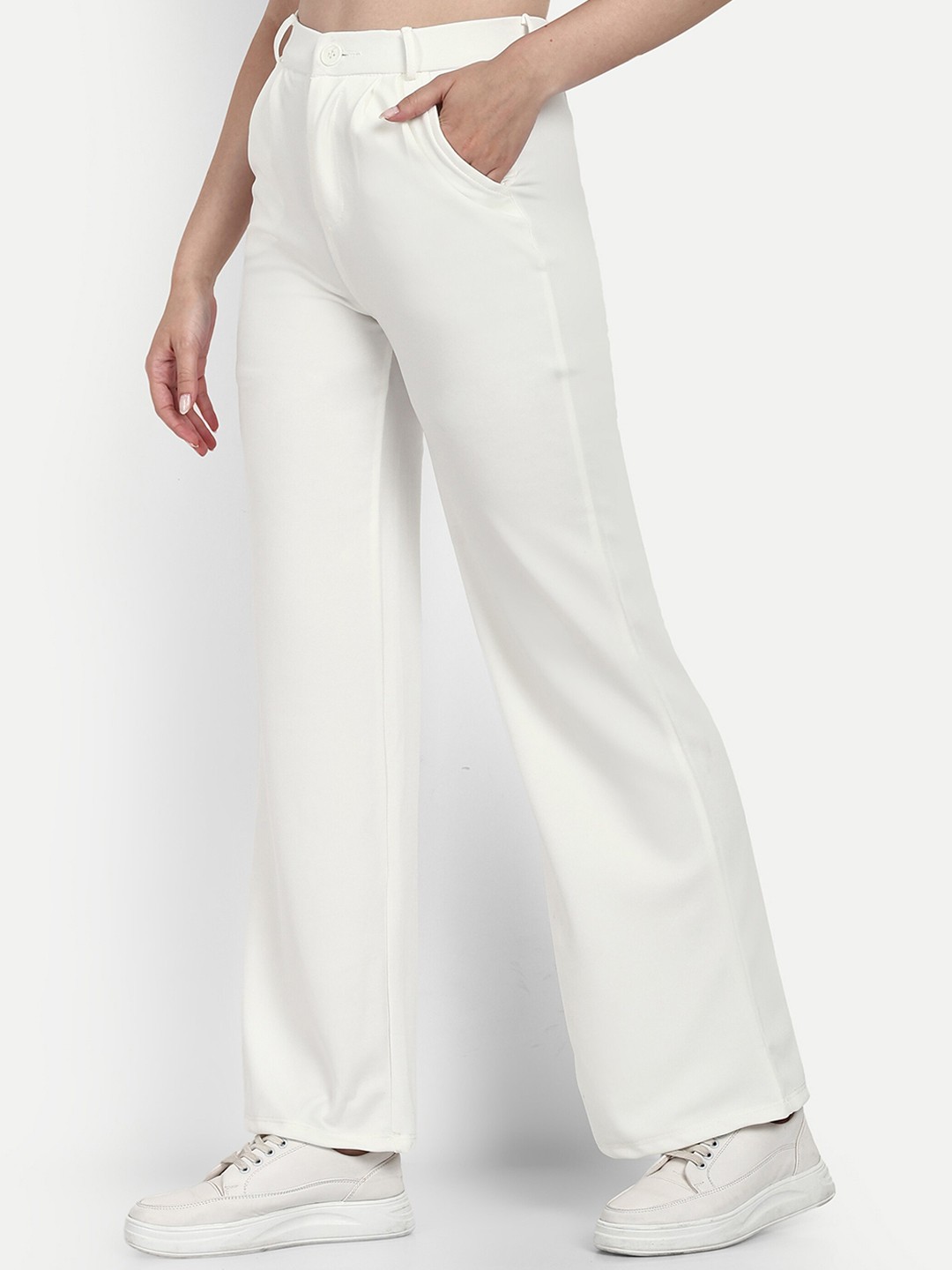 

BROADSTAR Women Smart Loose Fit High-Rise Easy Wash Cotton Parallel Trousers, White