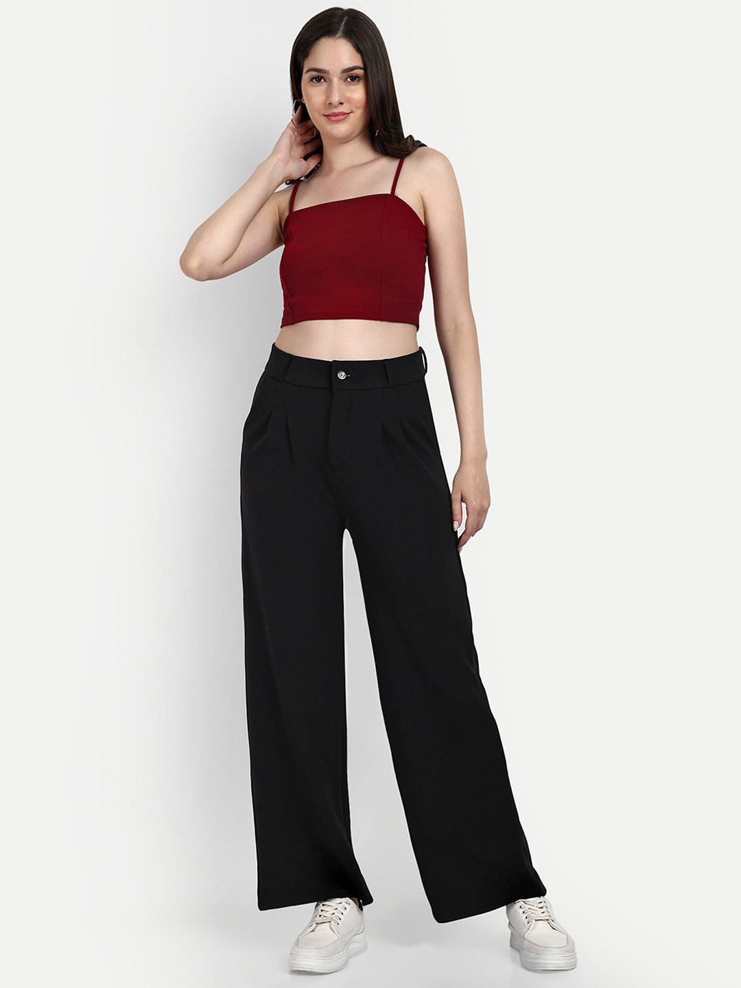 

BROADSTAR Women Smart Loose Fit High-Rise Easy Wash Cotton Trousers, Black
