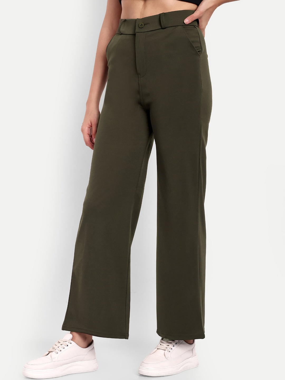 

BROADSTAR Women Smart Loose Fit High-Rise Easy Wash Parallel Trousers, Olive