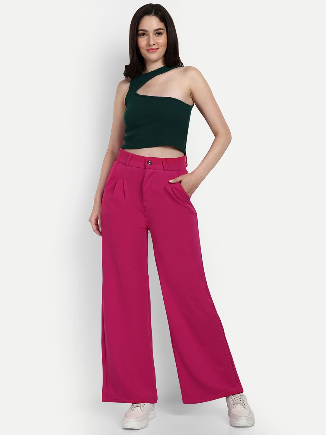 

BROADSTAR Women Smart Loose Fit High-Rise Easy Wash Pleated Parallel Trousers, Pink