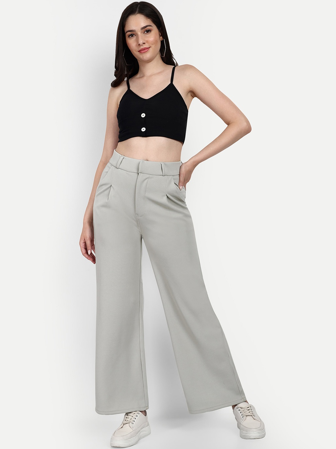 

BROADSTAR Women Smart Loose Fit High-Rise Easy Wash Cotton Parallel Trousers, Grey