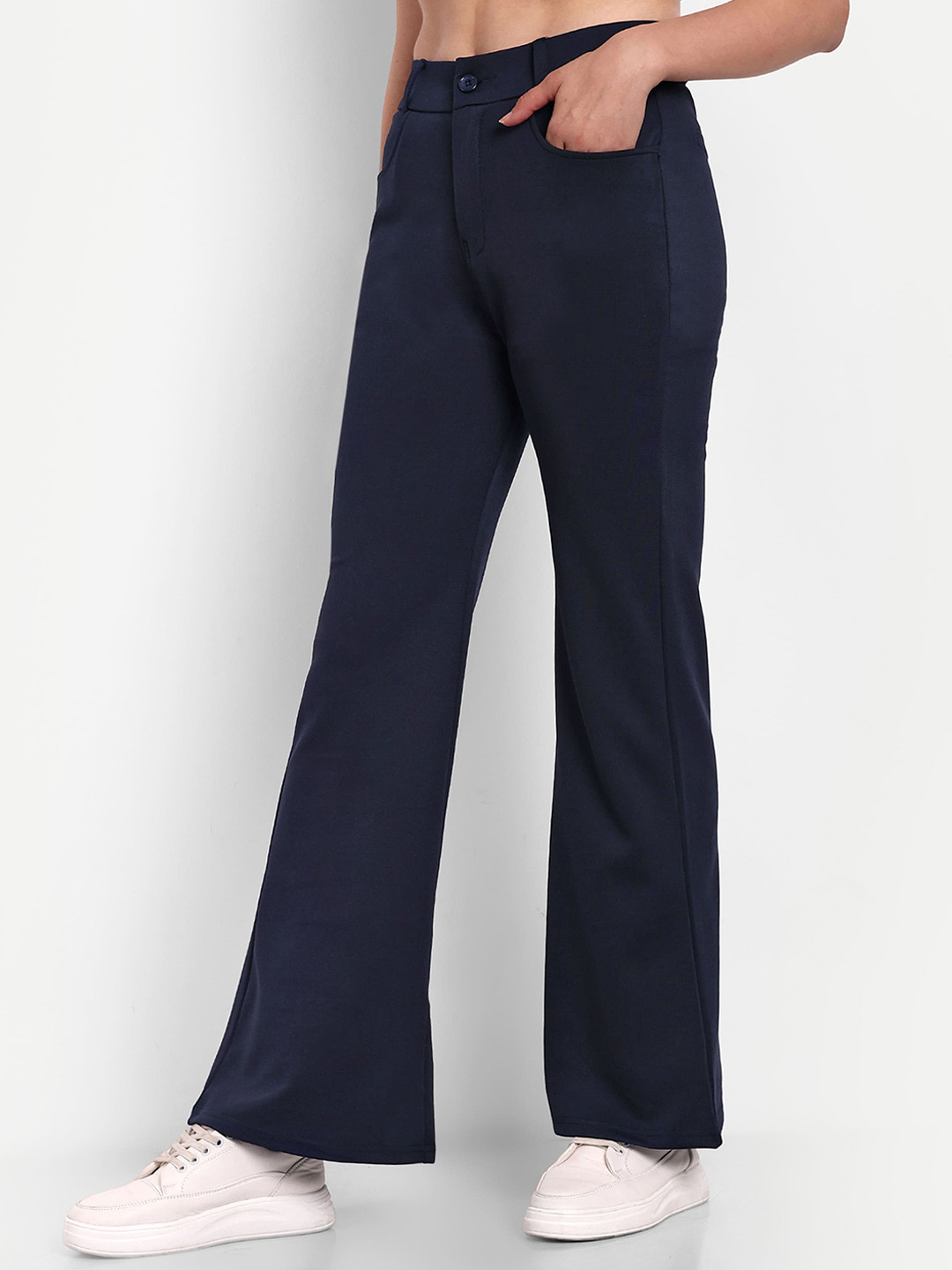 

BROADSTAR Women Smart Flared High-Rise Easy Wash Cotton Bootcut Trousers, Navy blue