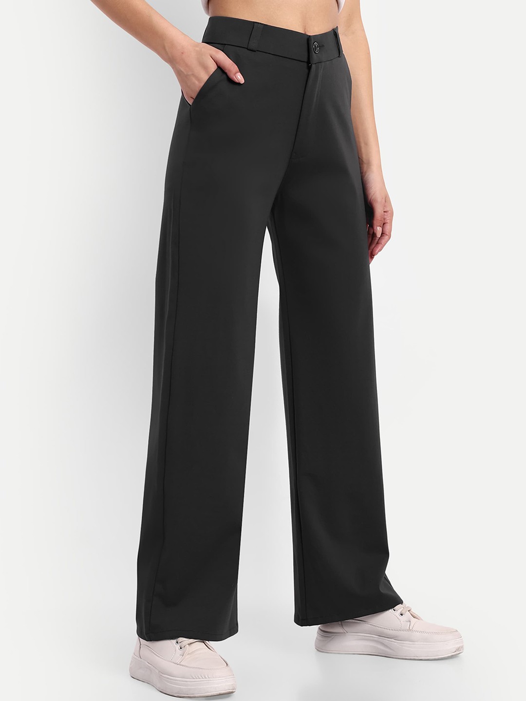 

BROADSTAR Women Smart Loose Fit High-Rise Easy Wash Cotton Parallel Trousers, Grey
