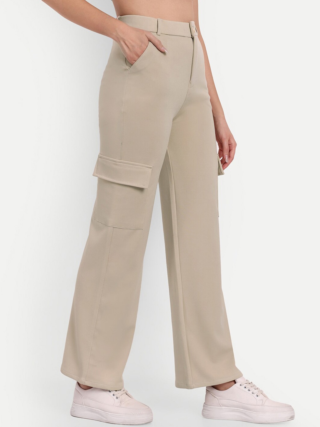 

BROADSTAR Women Smart Straight Fit High-Rise Easy Wash Cargos Trousers, Cream