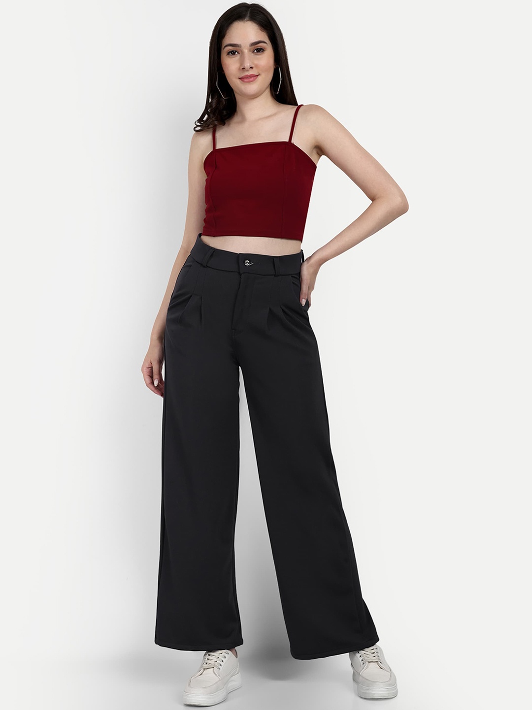 

BROADSTAR Women Smart Loose Fit High-Rise Easy Wash Parallel Trousers, Black
