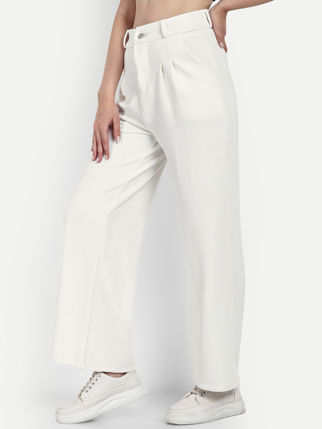 

BROADSTAR Women Smart Loose Fit High-Rise Pleated Easy Wash Trousers, White