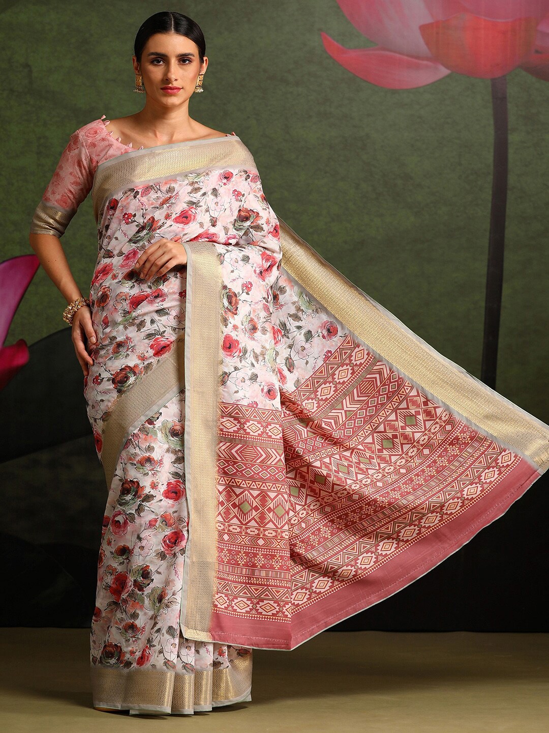 

Saree mall Floral Printed Sungudi Sarees, White