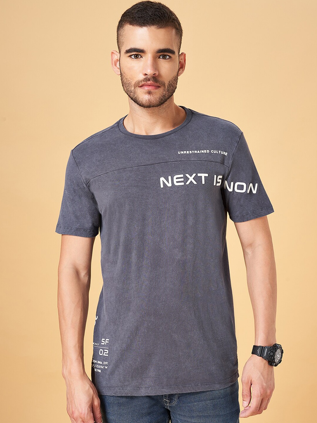 

SF JEANS by Pantaloons Typography Printed Cotton T-shirt, Charcoal