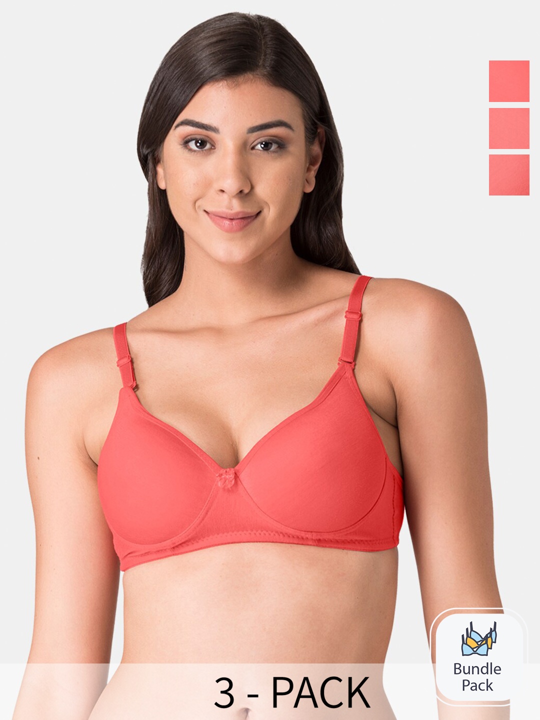 

KOMLI Pack Of 3 Full Coverage Push-Up Pure Cotton Bra - All Day Comfort, Coral