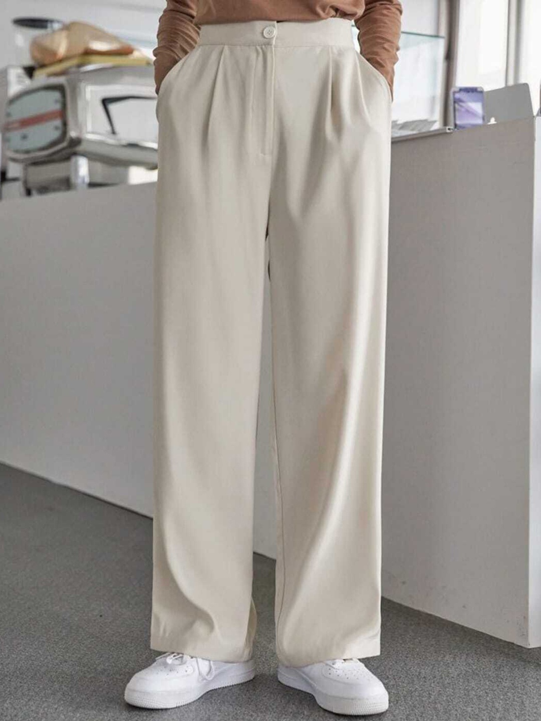 

Next One Women High-Rise Pleated Korean Trousers, Beige