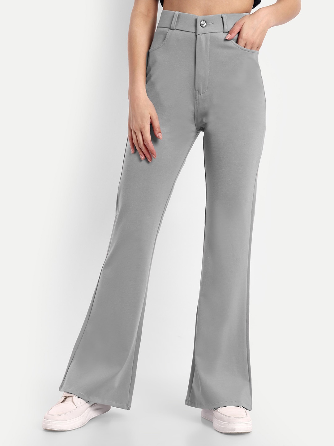 

Next One Women Smart Flared Bootcut High-Rise Easy Wash Cotton Trousers, Grey