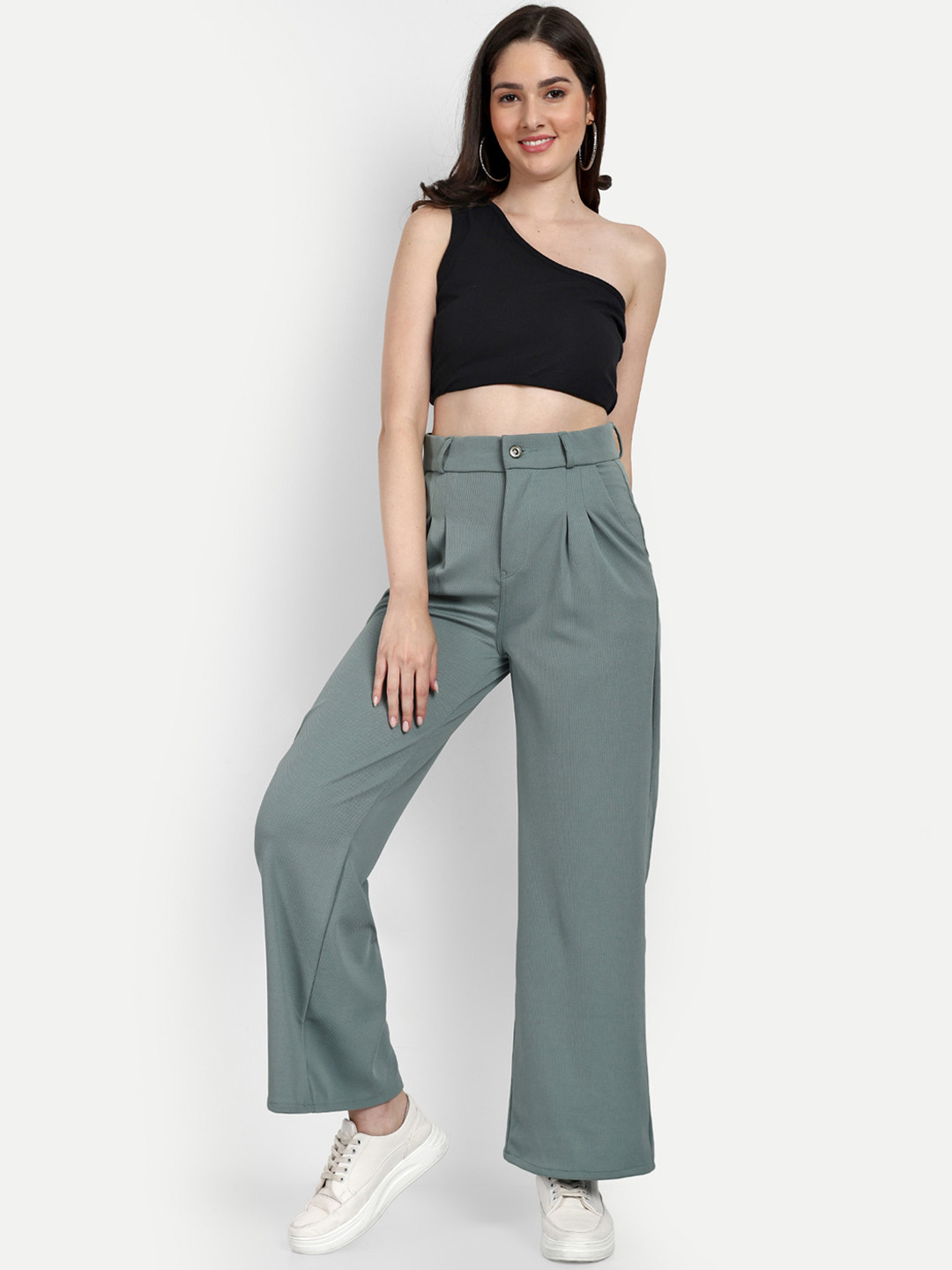 

Next One Women Smart Loose Fit High-Rise Easy Wash Pleated Cotton Parallel Trousers, Sea green