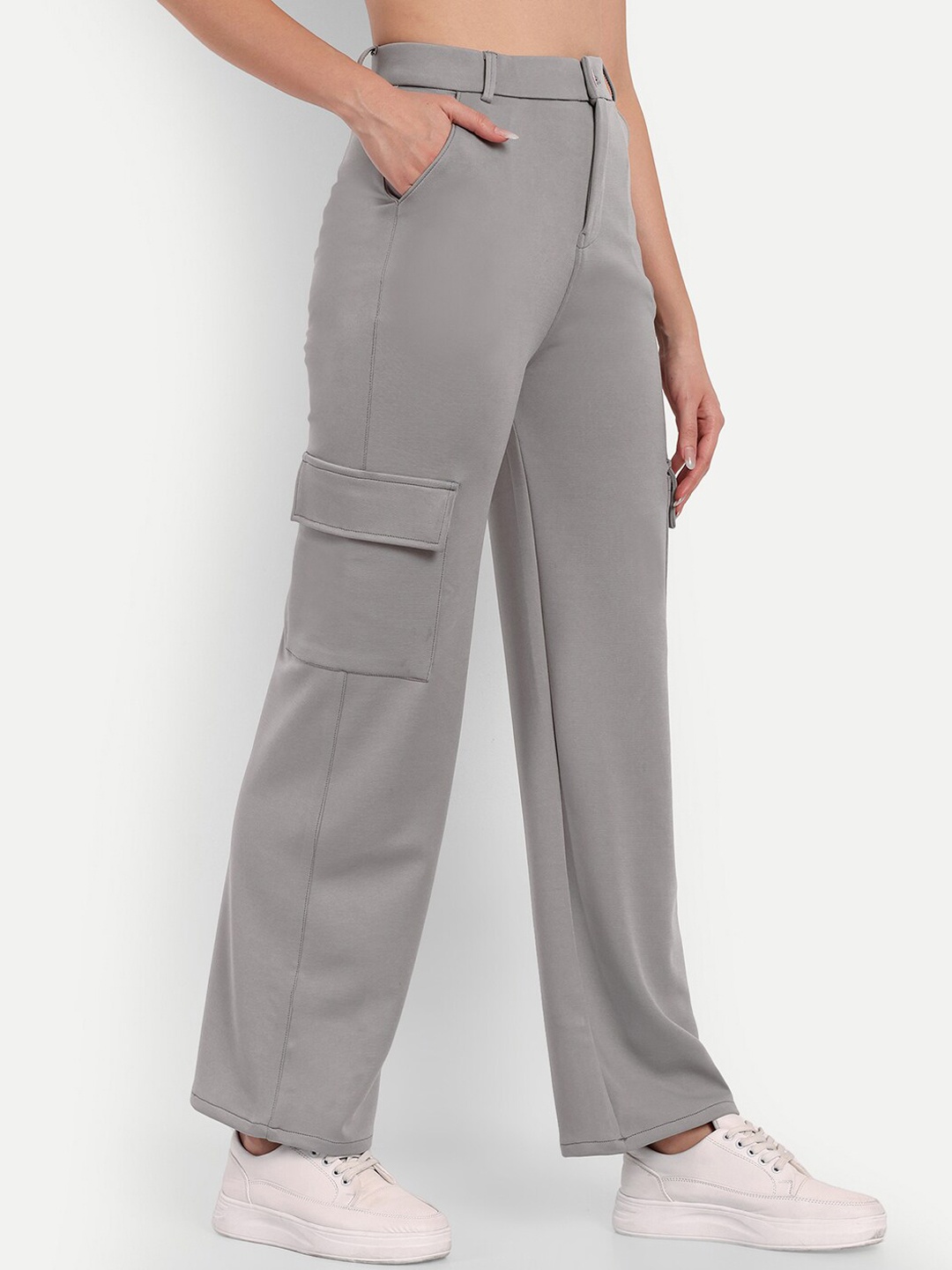 

Next One Women Smart Straight Fit High-Rise Easy Wash Cargo Trousers, Grey
