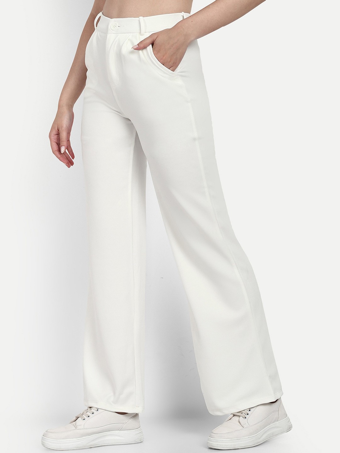

Next One Women White Smart Loose Fit High-Rise Easy Wash Cotton Parallel Trousers