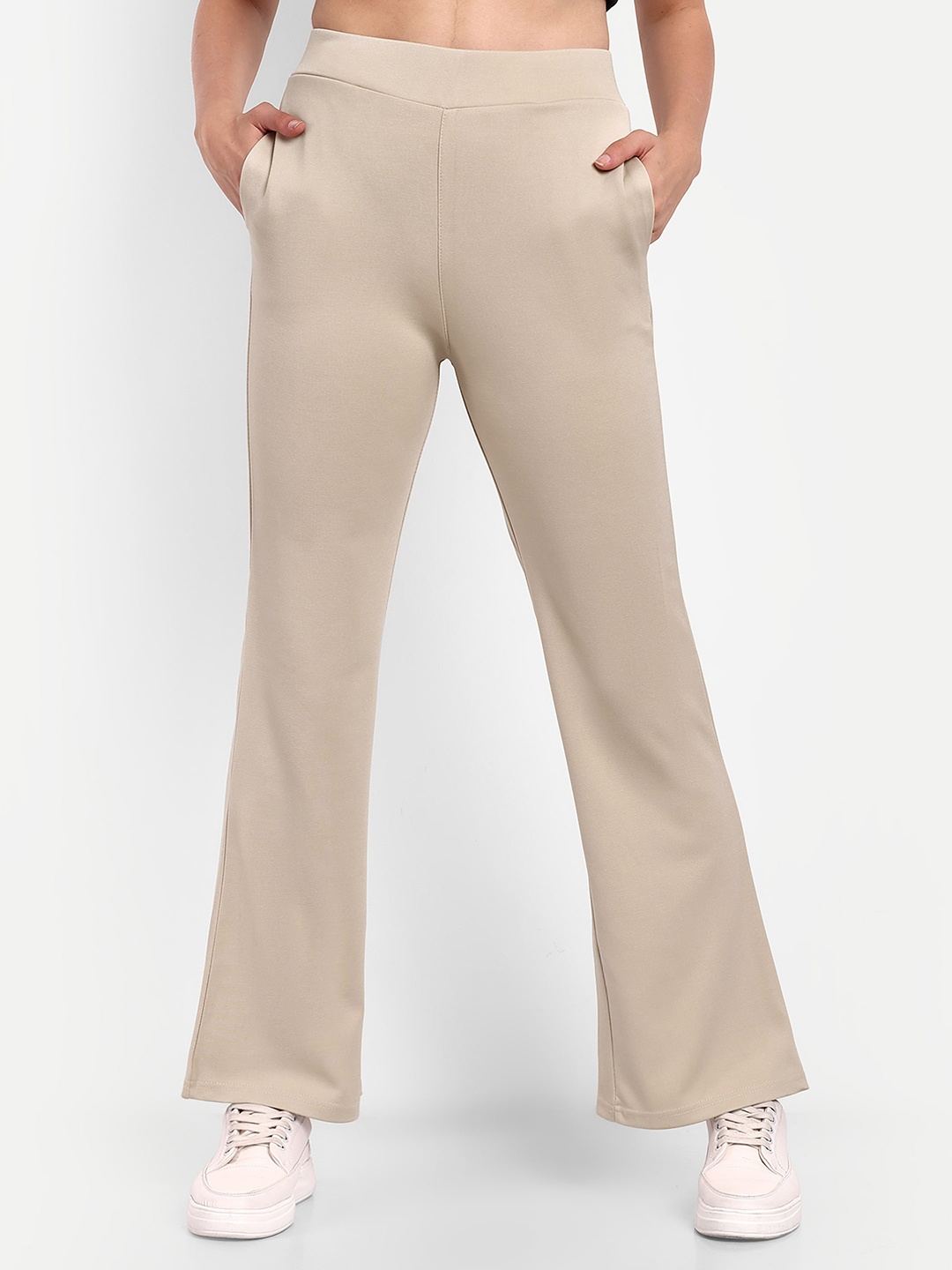 

Next One Women Smart Flared High-Rise Easy Wash Cotton Bootcut Trousers, Beige