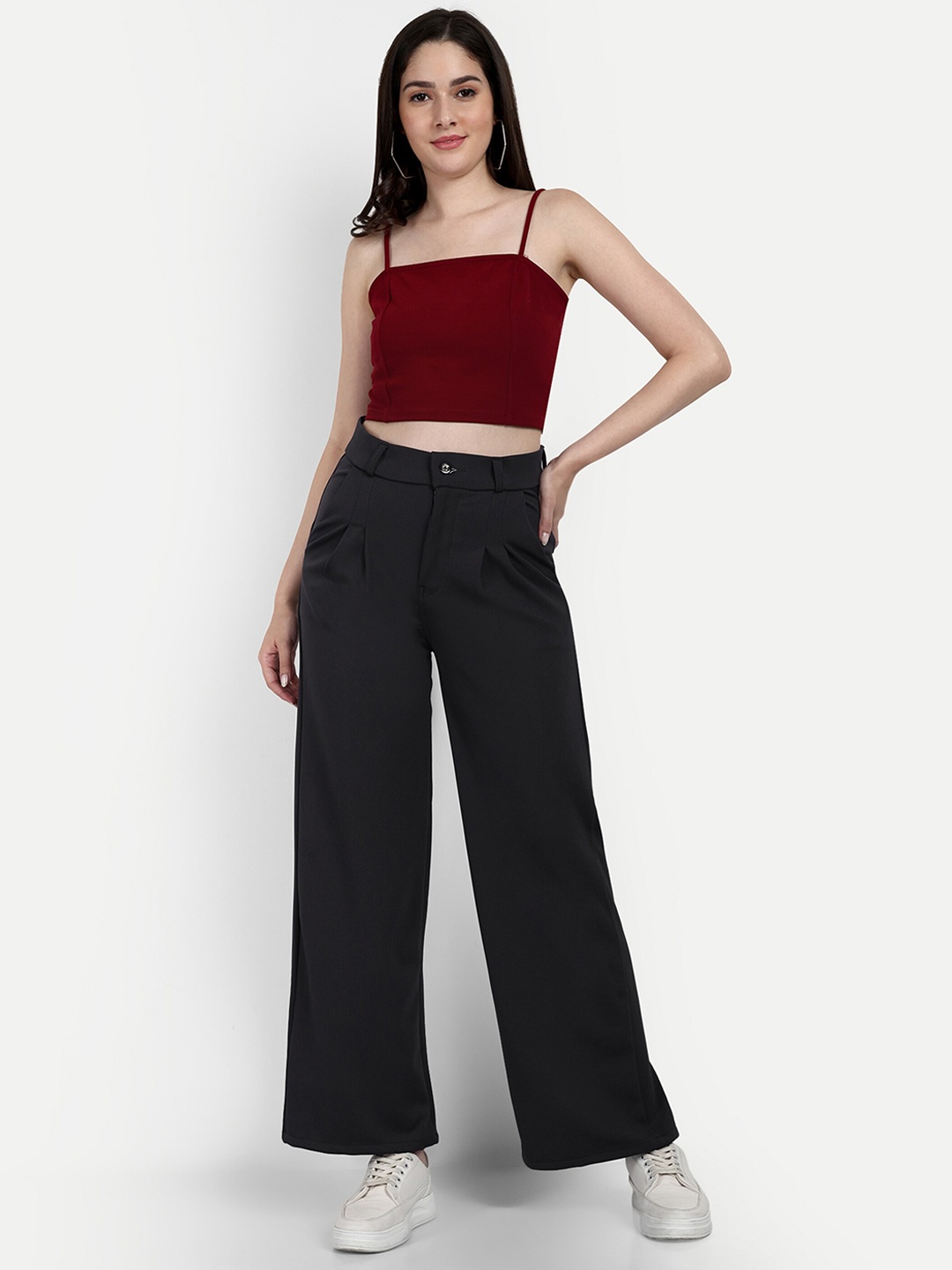 

Next One Women Smart Loose Fit High-Rise Easy Wash Pleated Stretchable Trousers, Grey