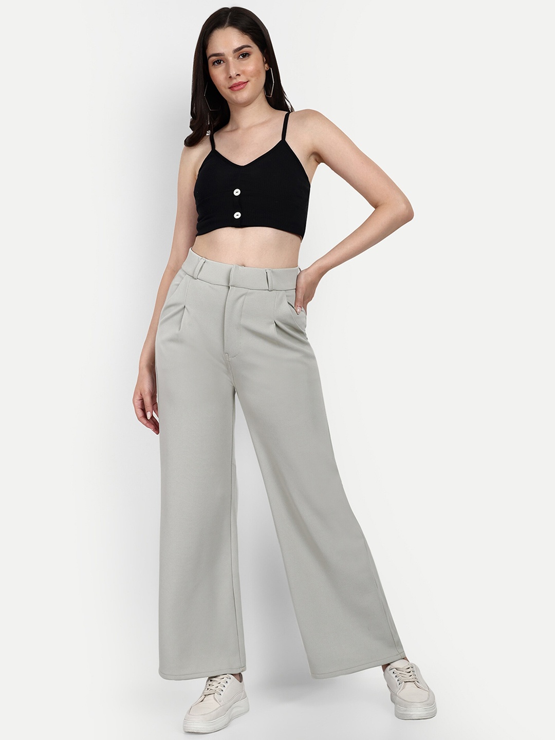 

Next One Women Smart Loose Fit High-Rise Easy Wash Cotton Parallel Trousers, Grey