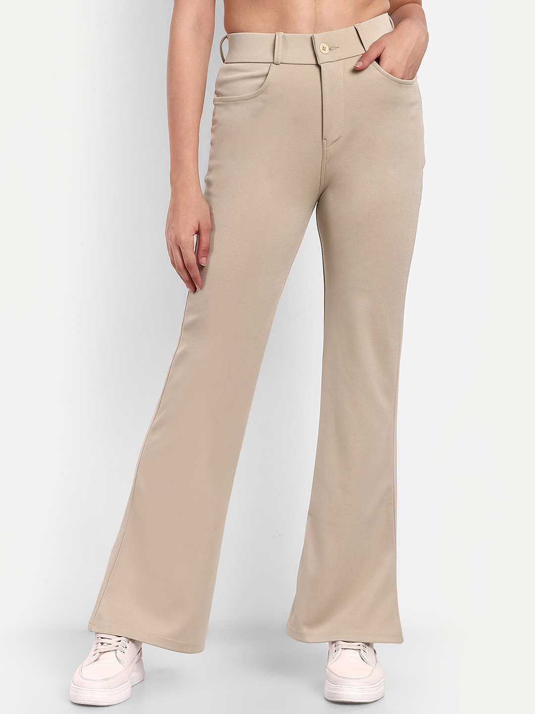 

Next One Women Smart Flared High-Rise Easy Wash Cotton Bootcut Trousers, Beige