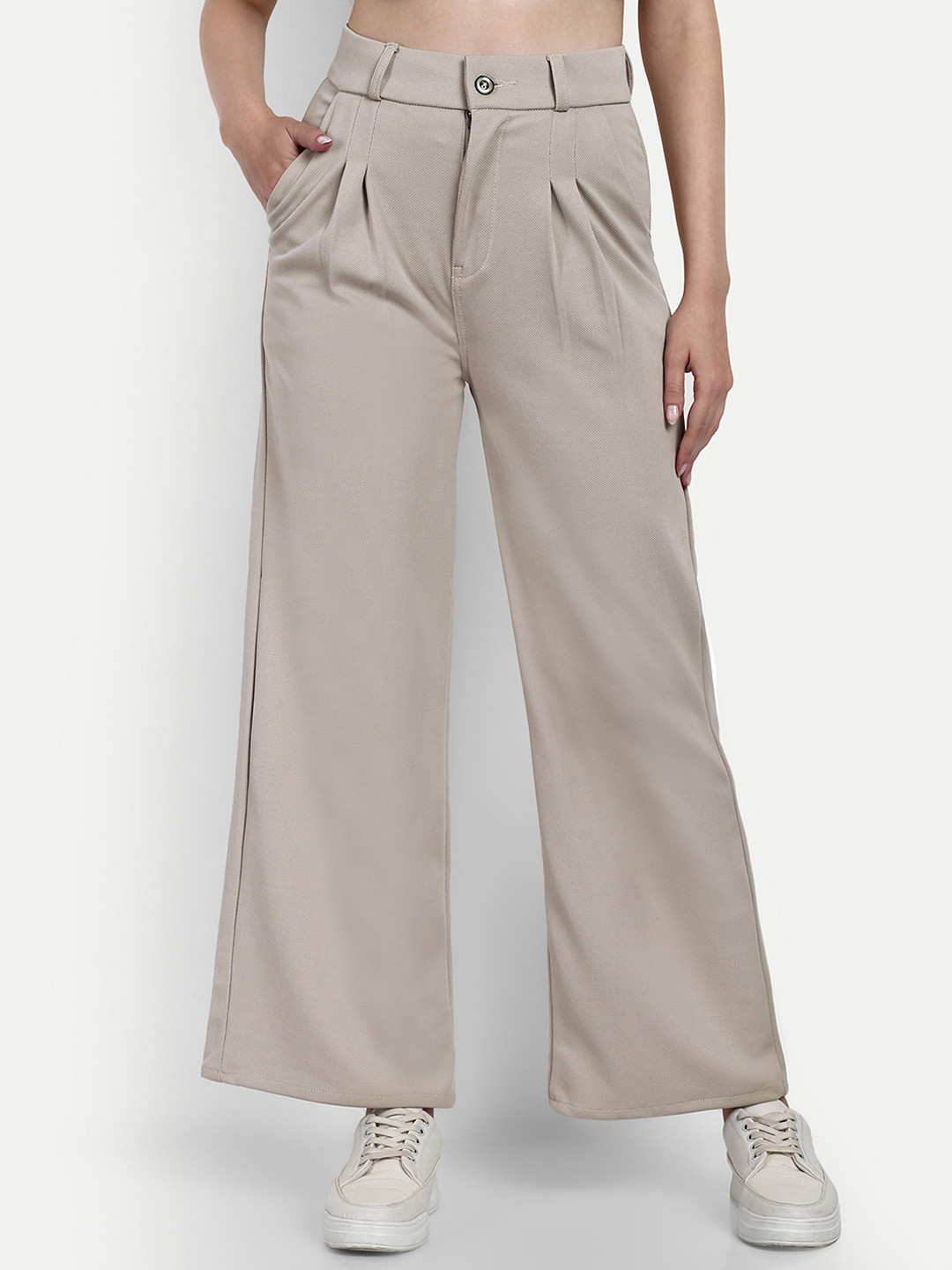 

Next One Women Beige Smart Loose Fit High-Rise Easy Wash Pleated Cotton Parallel Trousers