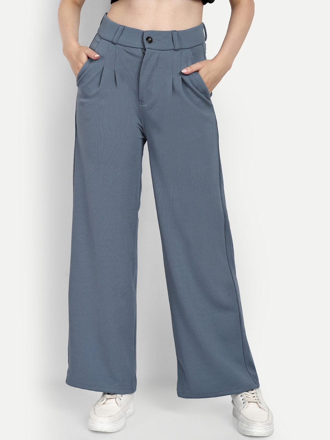 

Next One Women Cotton Smart Loose Fit High-Rise Easy Wash Pleated Parallel Trousers, Grey