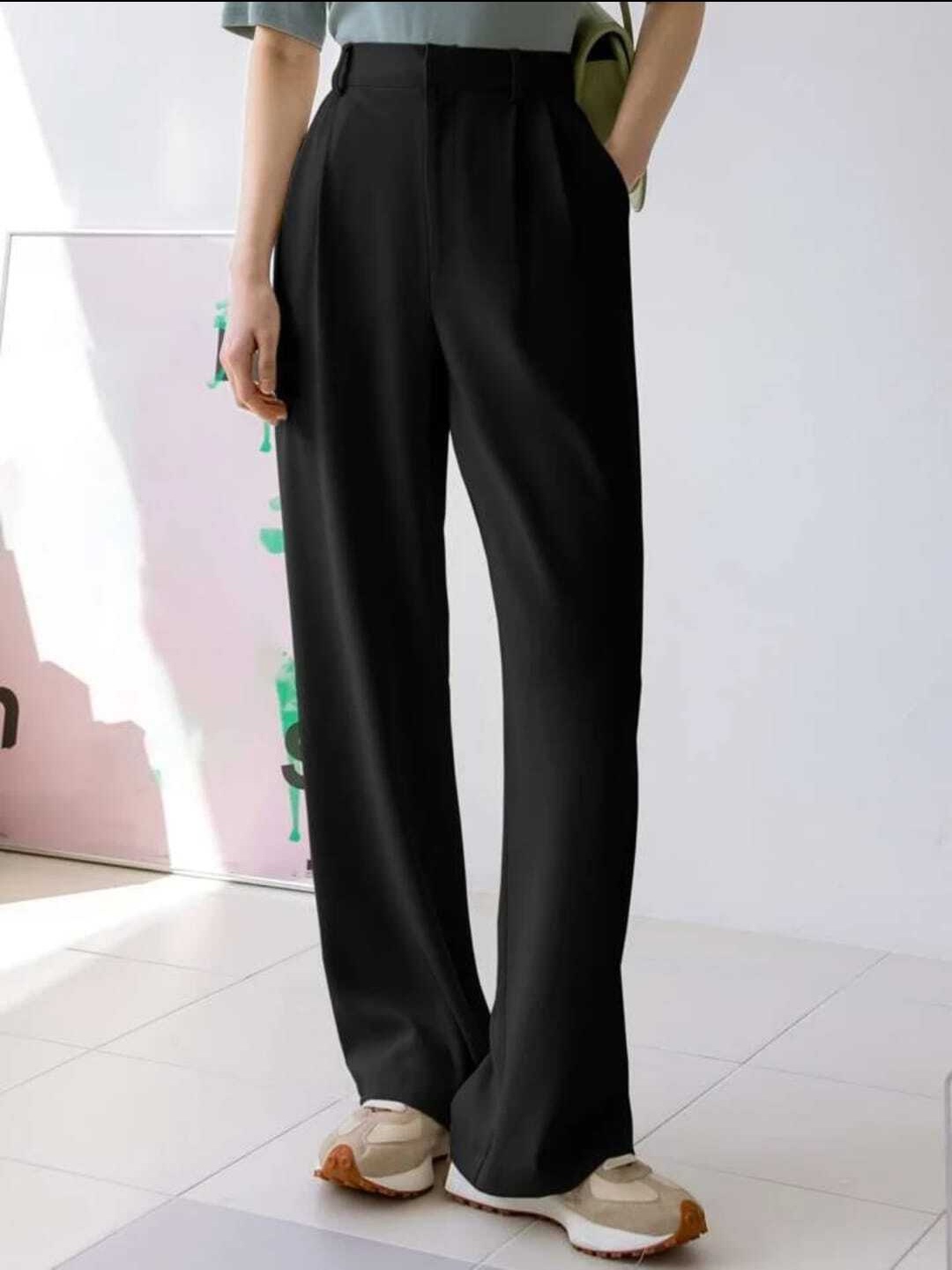 

Next One Women Cotton Smart Loose Fit High-Rise Easy Wash Pleated Parallel Trousers, Black