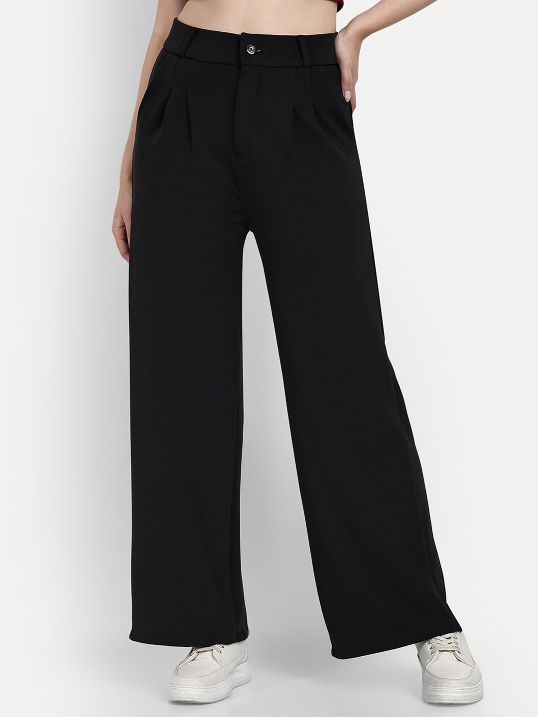 

Next One Women Cotton Smart Loose Fit High-Rise Easy Wash Pleated Parallel Trousers, Black