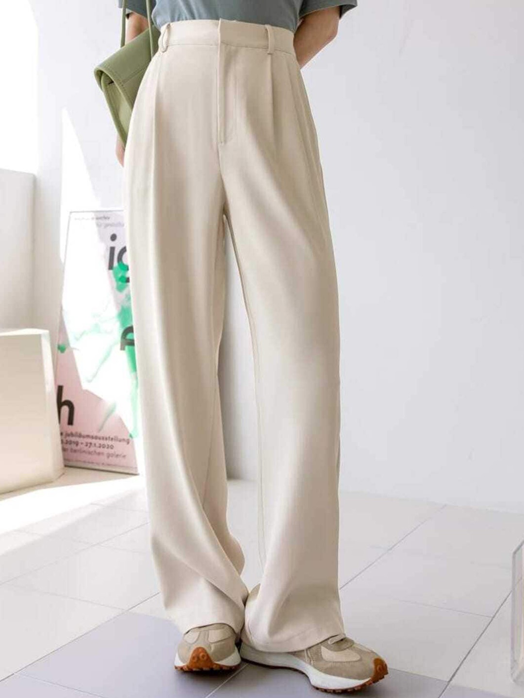 

Next One Women High-Rise Pleated Korean Trousers, Beige