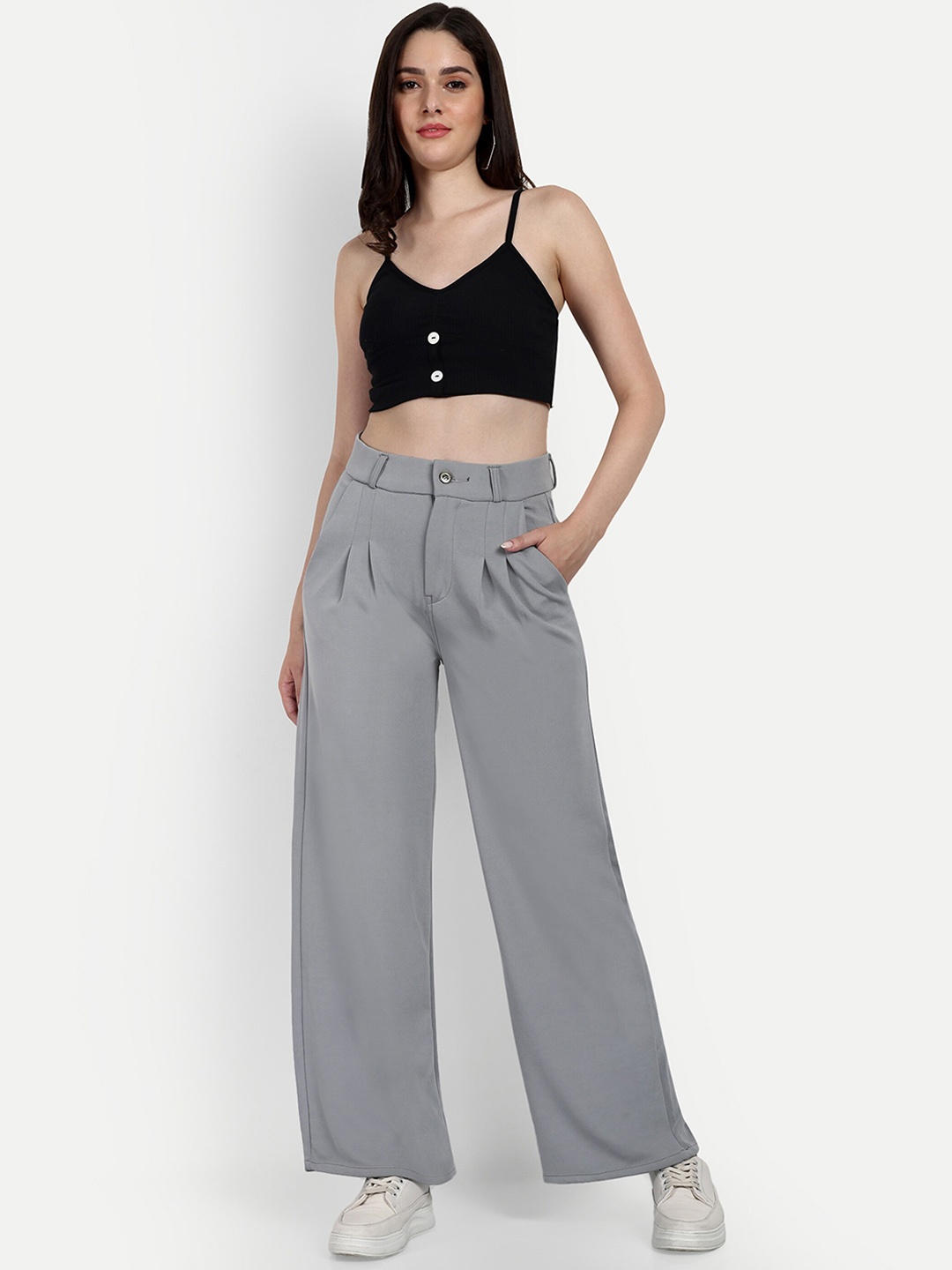 

Next One Women Smart Loose Fit High-Rise Easy Wash Trousers, Grey