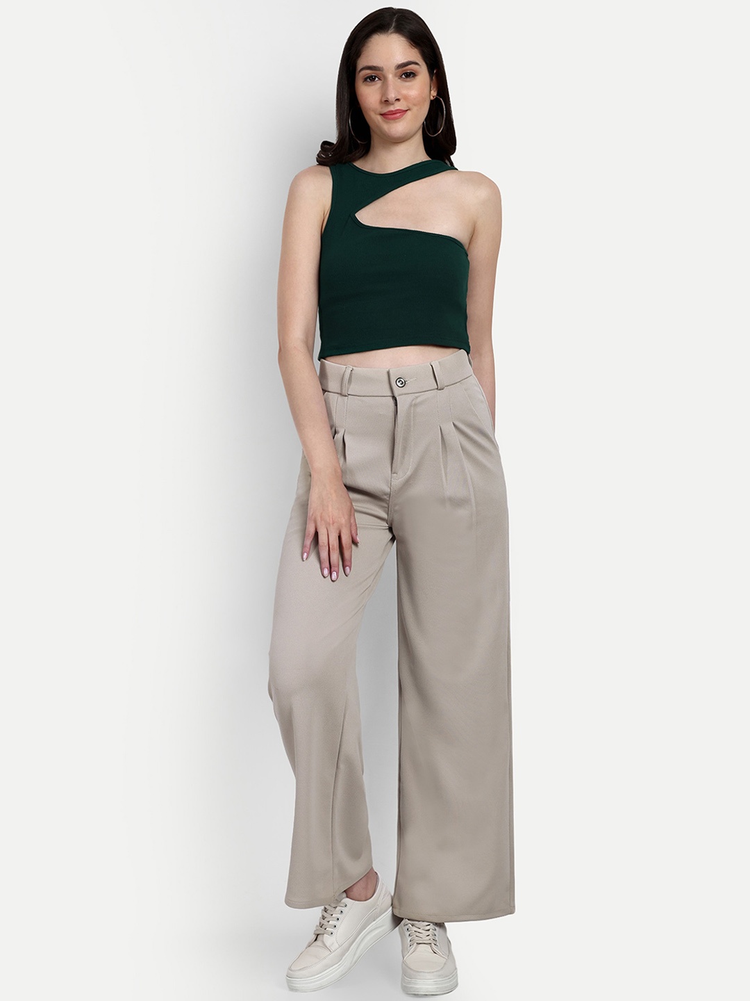 

Next One Women Smart Loose Fit High-Rise Easy Wash Cotton Trousers, Beige