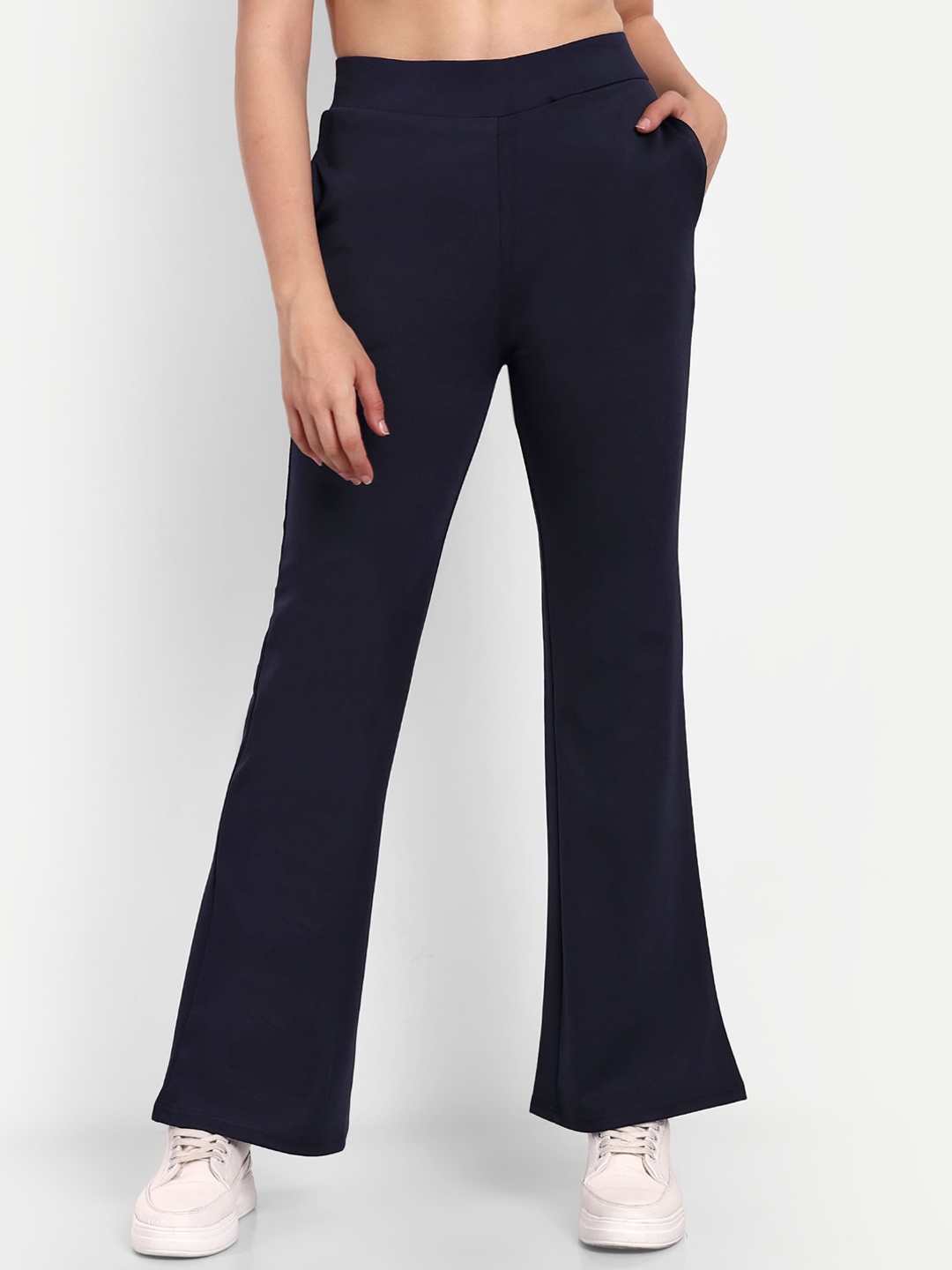 

Next One Women Smart Flared High-Rise Easy Wash Cotton Bootcut Trousers, Navy blue