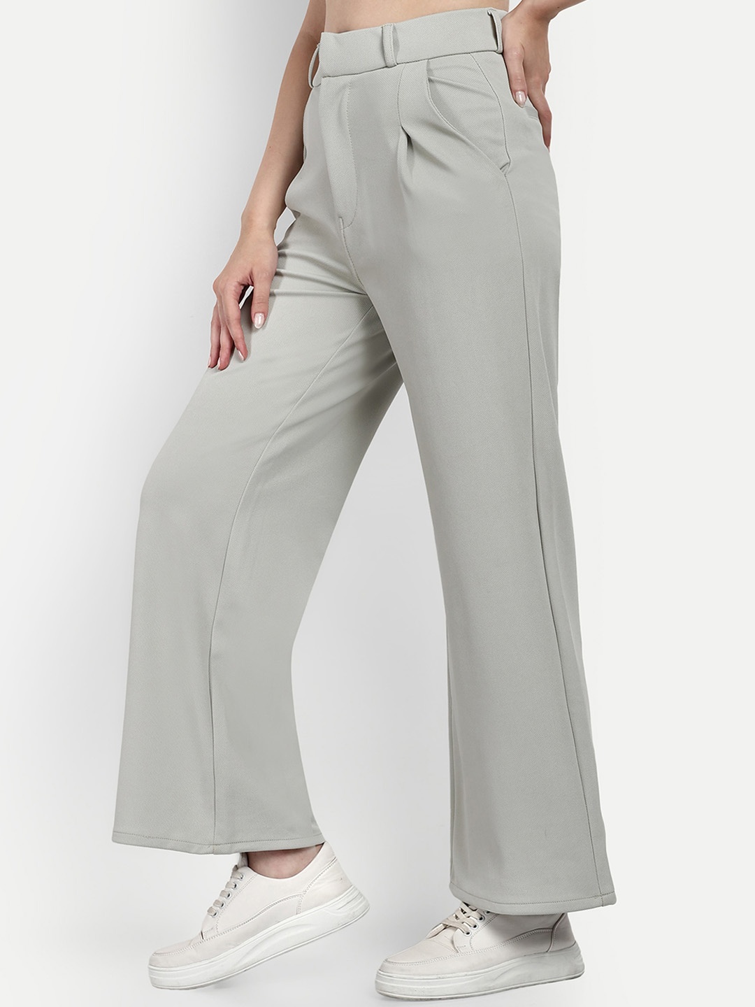 

Next One Women Smart Loose Fit High-Rise Easy Wash Cotton Parallel Trousers, Grey