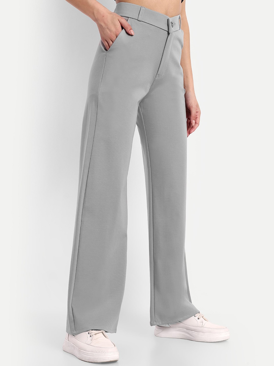 

Next One Women Smart Loose Fit High-Rise Easy Wash Cotton Parallel Trousers, Grey