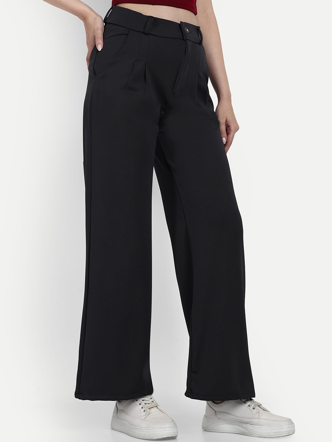

Next One Women Smart Loose Fit High-Rise Easy Wash Cotton Parallel Trousers, Black