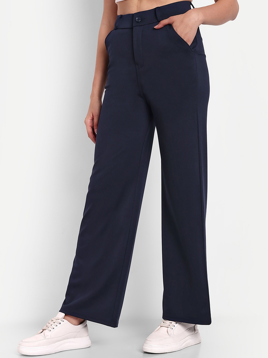 

Next One Women Smart Loose Fit High-Rise Easy Wash Cotton Parallel Trousers, Navy blue