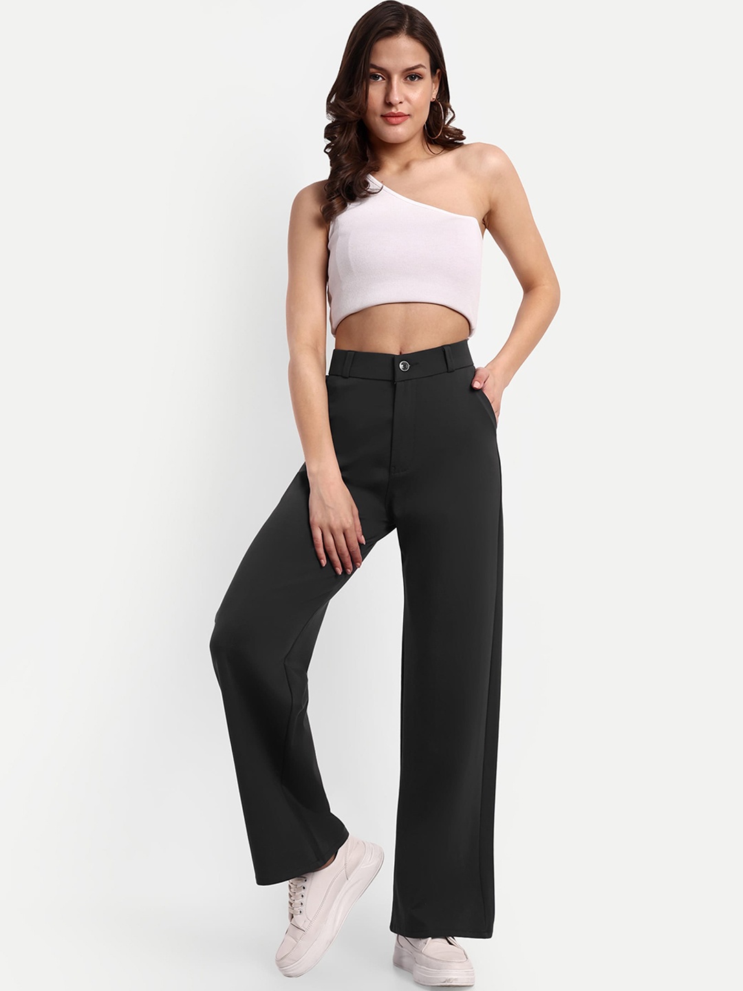 

Next One Women Smart Loose Fit High-Rise Easy Wash Parallel Trousers, Grey