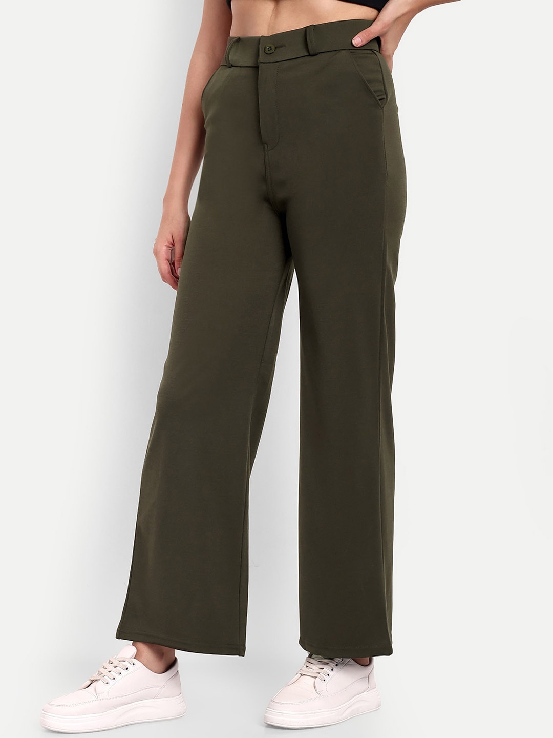 

Next One Women Cotton Smart Loose Fit High-Rise Easy Wash Parallel Trousers, Olive