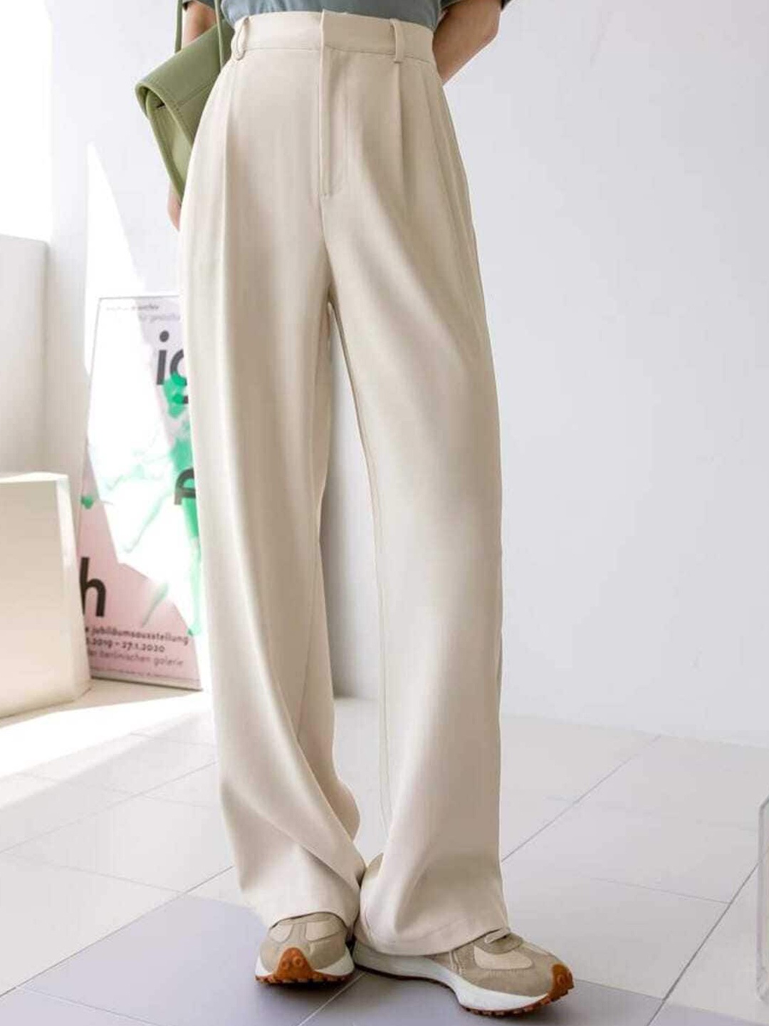 

Next One Women Smart Loose Fit High-Rise Easy Wash Formal Trousers, Beige