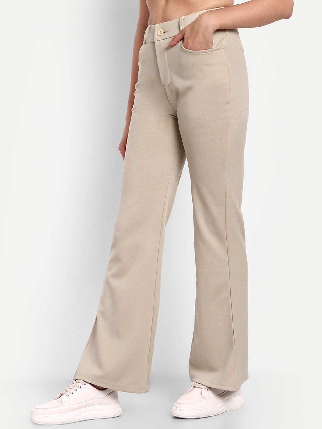 

Next One Women Smart Flared High-Rise Easy Wash Bootcut Trousers, Beige