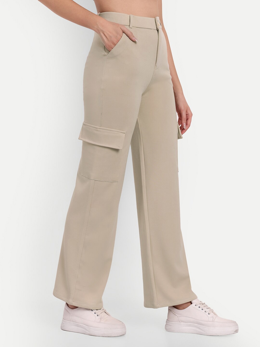 

Next One Women Smart Straight Fit High-Rise Easy Wash Cargos Trousers, Cream