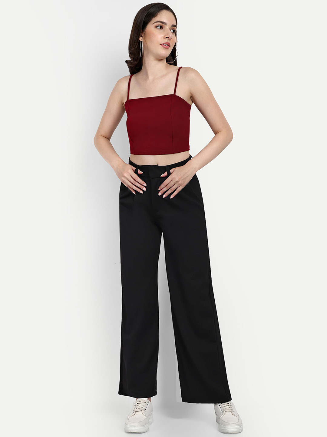 

Next One Women Smart Loose Fit High-Rise Easy Wash Cotton Parallel Trousers, Black