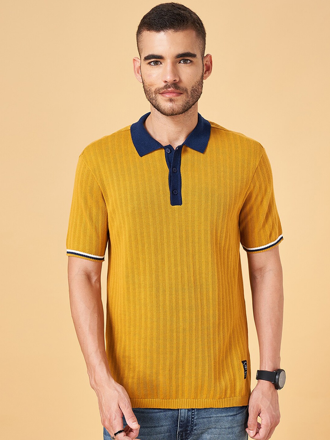 

People Self Design Polo Collar Slim Fit Pure Cotton T-Shirt, Mustard