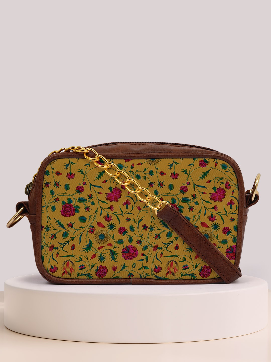 

Crazy Corner Floral Printed Structured Sling bag, Mustard